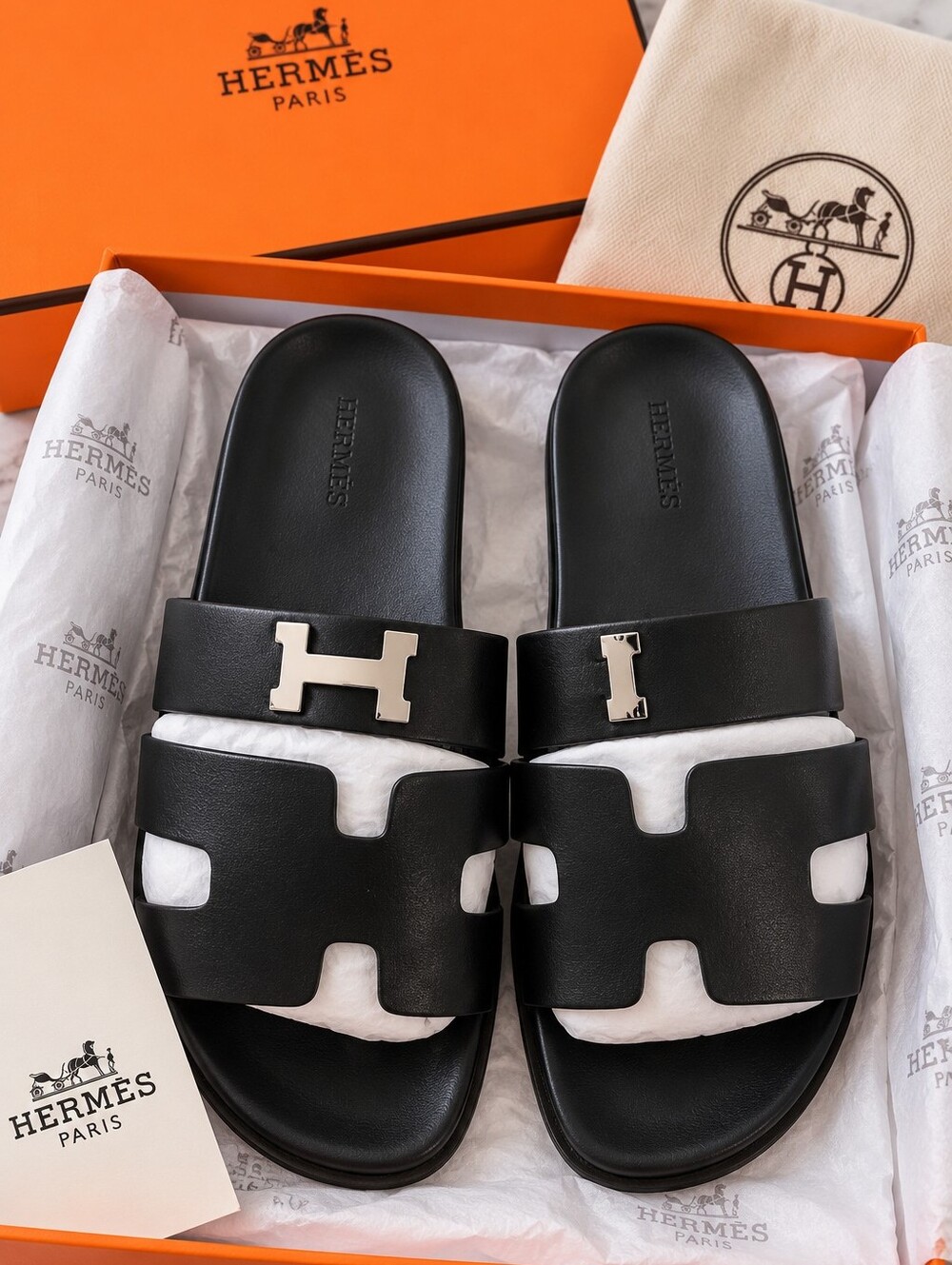 Hermes Women Black Oran Slider Sandals